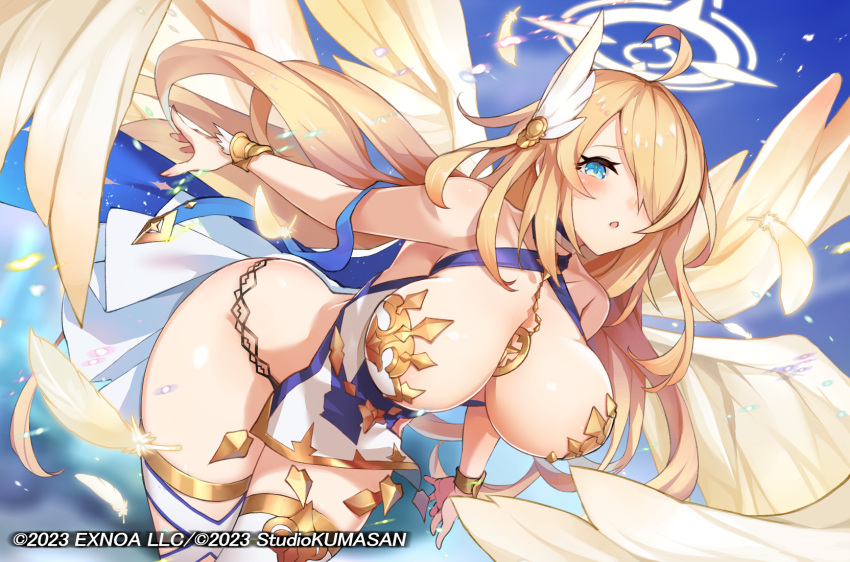 1girl :o ahoge angel angel_wings bare_shoulders between_breasts blue_eyes blue_ribbon blue_sky blush bouncing_breasts bracelet bracer breasts character_request choker cleavage cloud collarbone copyright copyright_name cruel_gz day falling_feathers feathered_wings flying gold gold_trim groin hair_over_one_eye halo highres jewelry large_breasts light_particles long_hair looking_at_viewer midair necklace official_art one_eye_covered outdoors revealing_clothes ribbon shiny_skin sky solo star_(symbol) star_halo star_necklace thighhighs twinkle_star_knights white_thighhighs wing_hair_ornament wings yellow_wings