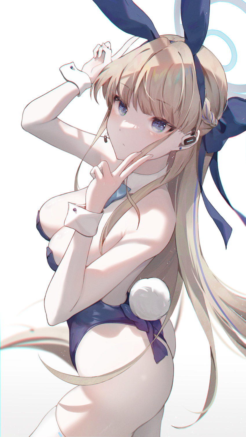 1girl absurdres animal_ears ass bare_shoulders blonde_hair blue_archive blue_bow blue_eyes blue_hairband blue_leotard bow bowtie braid breasts chingo_(pixiv8584617) cleavage closed_mouth detached_collar double_v ear_piercing earpiece fake_animal_ears from_side hairband highleg highleg_leotard highres leotard long_hair medium_breasts microphone official_alternate_costume official_alternate_hairstyle piercing playboy_bunny rabbit_ears rabbit_tail solo tail thighhighs thighs toki_(blue_archive) toki_(bunny)_(blue_archive) v very_long_hair white_thighhighs wrist_cuffs