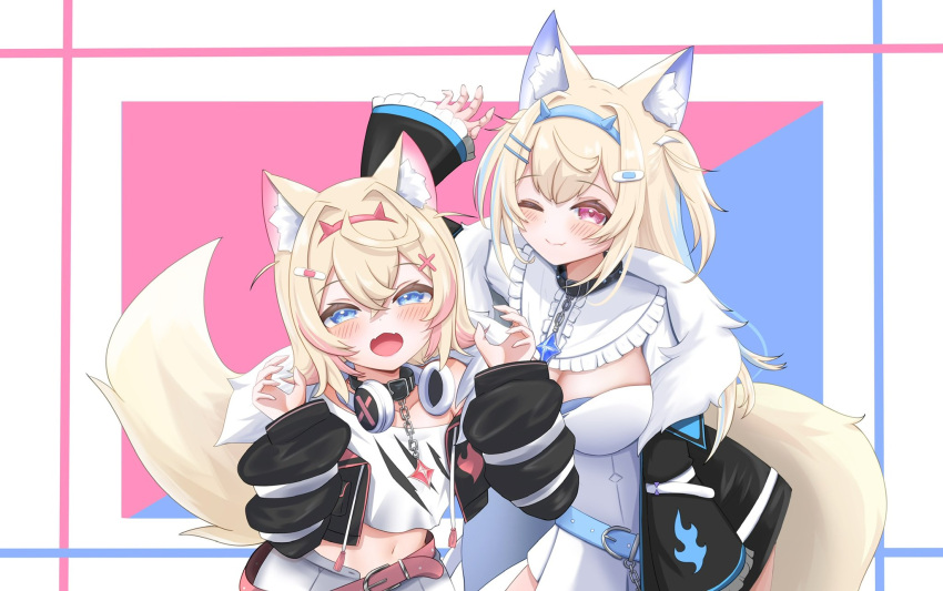 2girls animal_ear_fluff animal_ears belt belt_collar black_jacket blue_belt blue_eyes blue_hair blush breasts claw_pose cleavage cleavage_cutout closed_mouth clothing_cutout collar cropped_jacket cropped_shirt dog_ears dog_girl dog_tail dress fangs fur-trimmed_jacket fur_trim fuwawa_abyssgard hair_ornament hairpin headphones headphones_around_neck highres hololive hololive_english jacket large_breasts long_hair looking_at_viewer medium_hair mococo_abyssgard multicolored_hair multiple_girls one_eye_closed open_mouth pink_belt pink_eyes pink_hair shatiku_72 shirt short_shorts shorts siblings sidelocks sisters skin_fangs smile spiked_collar spikes streaked_hair tail twins two_side_up virtual_youtuber white_dress white_shirt white_shorts x_hair_ornament