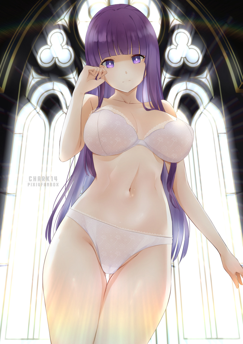 1girl absurdres artist_name ass_visible_through_thighs blunt_bangs bra breasts breasts_apart chark14 closed_mouth collarbone cowboy_shot cut_bangs expressionless fern_(sousou_no_frieren) groin hand_up highres lace lace_bra lace_panties large_breasts long_hair looking_at_viewer navel panties purple_eyes purple_hair solo sousou_no_frieren standing straight_hair strapless strapless_bra thigh_gap thighs underwear white_bra white_panties window