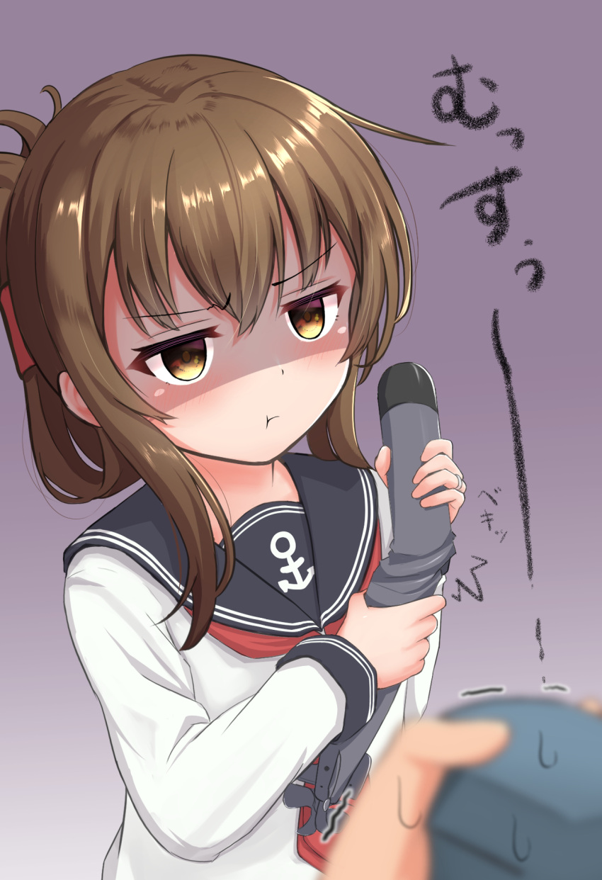 1girl 1other anchor_symbol black_sailor_collar blush brown_eyes brown_hair closed_mouth folded_ponytail gradient_background hair_between_eyes highres holding holding_torpedo inazuma_(kancolle) jewelry kantai_collection long_hair long_sleeves neckerchief oldman_taketora pout red_neckerchief ring sailor_collar school_uniform serafuku shaded_face solo_focus torpedo upper_body wedding_ring