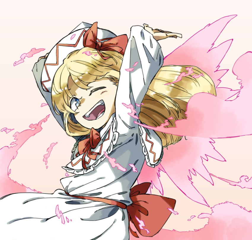 1girl arms_up blonde_hair blue_eyes blush dress fairy fairy_wings hat lily_white long_hair long_sleeves nama_udon one_eye_closed open_mouth smile solo touhou upper_body white_dress white_headwear wide_sleeves wings