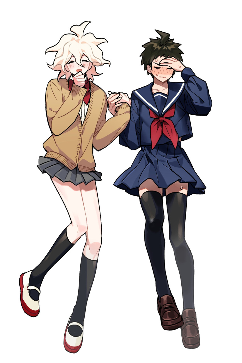 2boys :d absurdres ahoge black_sailor_collar black_serafuku black_shirt black_skirt black_socks black_thighhighs blush bow bowtie brown_cardigan brown_footwear brown_hair cardigan crossdressing danganronpa_(series) danganronpa_2:_goodbye_despair grey_skirt gu_(cubtable) happy highres hinata_hajime holding_hands kneehighs komaeda_nagito long_sleeves male_focus messy_hair microskirt miniskirt multiple_boys neckerchief red_bow red_bowtie red_footwear red_neckerchief sailor_collar school_uniform serafuku shirt shoes skirt smile socks sweat thighhighs two-tone_footwear wavy_mouth white_footwear white_hair white_shirt yaoi