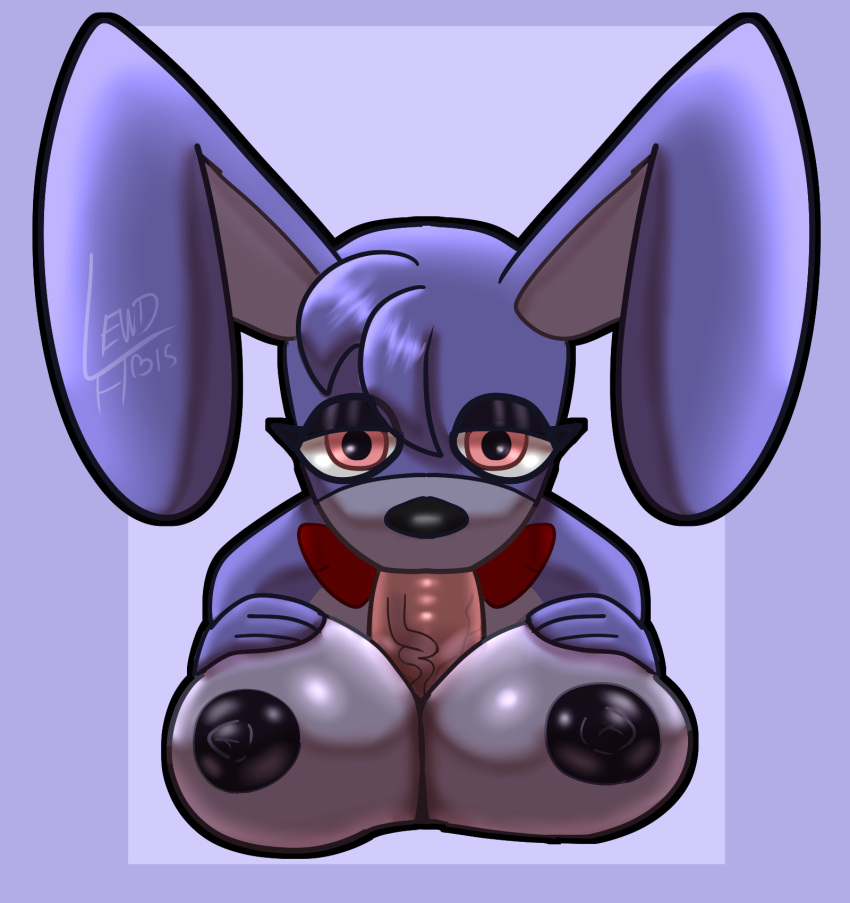 anthro areola big_breasts black_areola black_eyeshadow black_nipples bonnie_(fnaf) breast_play breasts crossgender duo eyelashes eyeshadow fellatio female first_person_view five_nights_at_freddy's floppy_ears fur genitals head_tuft hi_res huge_breasts human lagomorph leporid lewdabis looking_at_viewer lop_ears makeup male mammal nipples oral penile penis pink_eyes pov_blowjob pov_titfuck purple_background purple_body purple_fur rabbit red_bow scottgames sex simple_background titfuck tuft