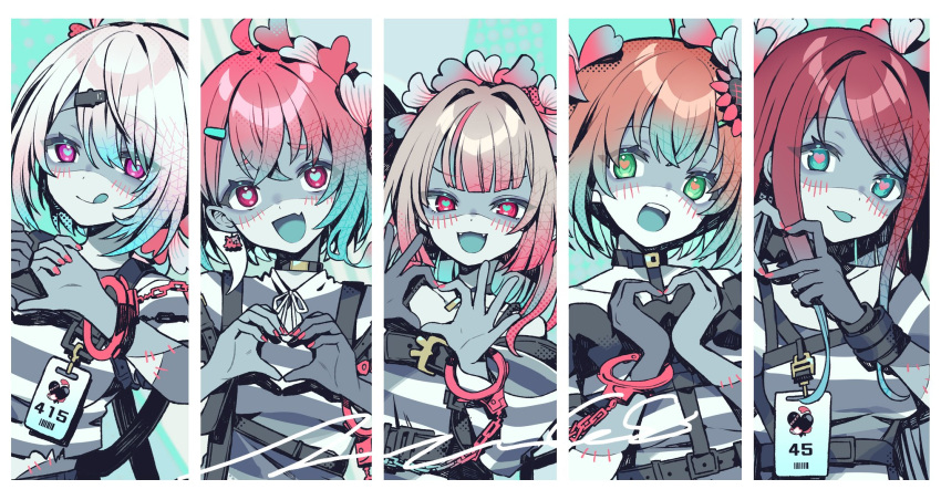 5girls ahoge akabane_youko black_bow blue_hair blue_skin blue_tongue bow colored_skin colored_tongue column_lineup cuffs dress earrings food-themed_hair_ornament gradient_hair hair_bow hair_ornament handcuffs heart heart_hair_ornament heart_hands highres honma_himawari jewelry looking_at_viewer makaino_ririmu miwasiba multicolored_hair multiple_girls mushroom_hair_ornament nijisanji official_art one_side_up orange_hair patchwork_skin pink_eyes pink_hair pink_nails prison_clothes ribbon sasaki_saku shiina_yuika shirt short_sleeves simple_background stitches striped striped_dress striped_shirt two_side_up upper_body virtual_youtuber white_background white_hair white_ribbon zombie zombie_(vocaloid) zombification