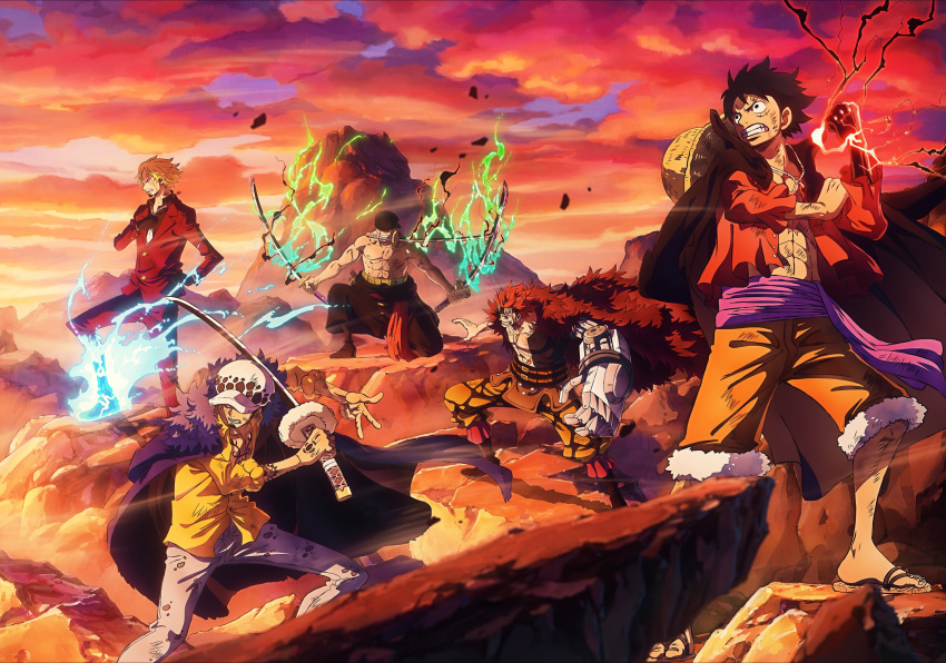 5boys abs aura black_hair black_skin blonde_hair blue_fire cape chest_tattoo clenched_teeth cloud colored_skin earrings eustass_captain_kid evening facial_hair fighting_stance fire flame formal goggles goggles_on_head hand_on_hip hand_tattoo hand_up hat hat_on_back highres holding holding_sword holding_weapon jacket jewelry katana long_sleeves male_focus metal monkey_d._luffy mouth_hold multicolored_skin multiple_boys muscular muscular_male necktie official_art one_piece open_clothes open_shirt outdoors pants pectorals prosthesis prosthetic_arm red_hair red_jacket red_pants red_skin roronoa_zoro sandals sanji_(one_piece) scar scar_on_cheek scar_on_chest scar_on_face scratches shirt shorts sky standing stomach straw_hat suit suit_jacket sword tattoo teeth teeth_hold topless_male trafalgar_law triple_wielding weapon wind