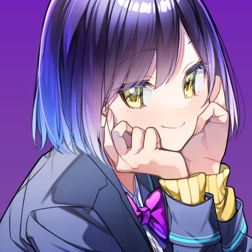 1girl absurdres black_jacket blazer blue_hair bob_cut bow bowtie cardigan cardigan_under_jacket closed_mouth hands_on_own_cheeks hands_on_own_face head_rest highres jacket long_sleeves looking_at_viewer mole mole_under_eye nijisanji purple_background purple_bow purple_bowtie rinku_(rin9) school_uniform shizuka_rin shizuka_rin_(1st_costume) short_hair solo upper_body virtual_youtuber yellow_cardigan