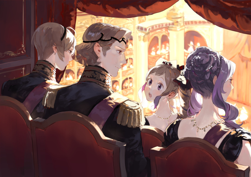 2boys 2girls ahoge ai-wa blonde_hair brother_and_sister brothers brown_hair camilla_(fire_emblem) curtains drill_hair elise_(fire_emblem) european_clothes fire_emblem fire_emblem_fates hair_bun highres jewelry leo_(fire_emblem) looking_back multiple_boys multiple_girls necklace purple_eyes purple_hair red_eyes siblings sisters sitting twin_drills xander_(fire_emblem)