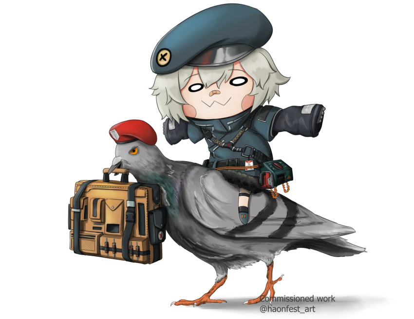 0w0 1girl bandaid bandaid_on_face bandaid_on_nose beret bird chibi commission english_commentary first_aid_kit full_body girls'_frontline haonfest hat highres hs2000_(girls'_frontline) parody pigeon red_headwear simple_background sitting_on_animal style_parody twitter_username white_background