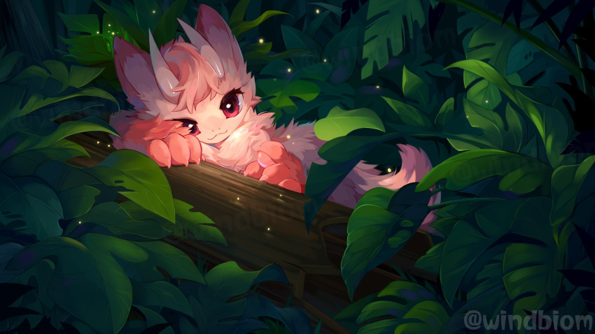 ambiguous_gender anthro claws cute_expression digital_media_(artwork) fluffy fur greenery hair head_on_arm hi_res horn leaf looking_at_viewer mammal monstera outside pink_body pink_eyes pink_fur pink_hair plant resting_head signature smile solo species_request tail tree tree_trunk windbiom