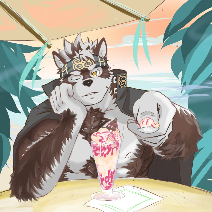 anthro arm_tuft asian_clothing bandanna beach brown_body brown_fur brown_hair canid canine canis chest_tuft clothing dessert east_asian_clothing elbow_tuft food fur furniture gakuran hair hi_res horkeu_kamui_(tas) ice_cream japanese_clothing japanese_school_uniform kerchief lifewonders male mammal muscular muscular_male nipples one_eye_closed parfait_(disambiguation) school_uniform seaside solo sonypanda table tokyo_afterschool_summoners tuft umbrella uniform white_body white_fur white_hair wolf yellow_eyes