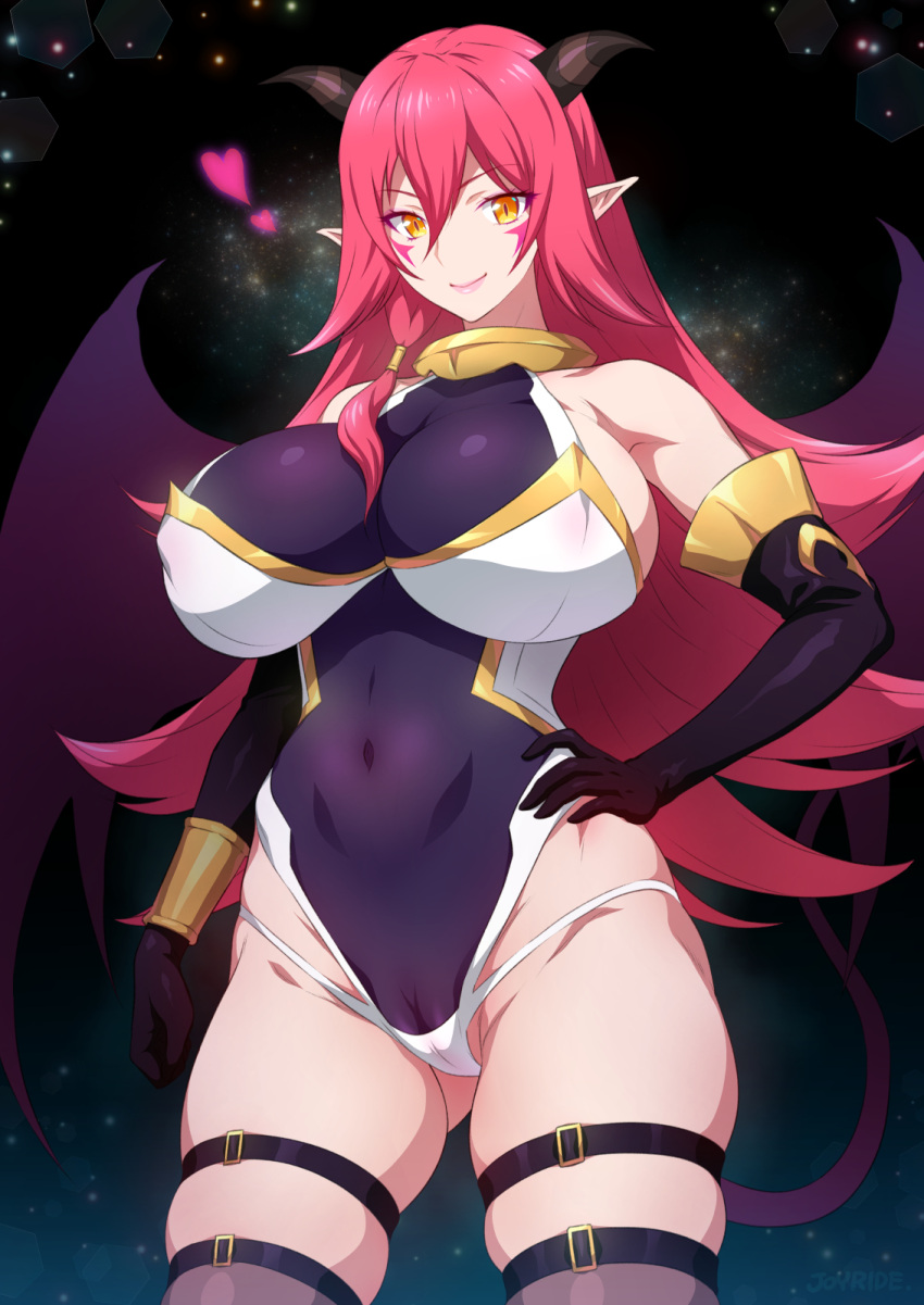 1girl black_gloves bodysuit breasts character_request closed_mouth commentary_request covered_navel demon_girl demon_tail demon_wings elbow_gloves gloves gradient_background hair_between_eyes heart highres horns huge_breasts joy_ride kono_subarashii_sekai_ni_bakuen_wo! kono_subarashii_sekai_ni_shukufuku_wo! long_hair looking_at_viewer pointy_ears red_hair skindentation smile solo standing tail thigh_strap very_long_hair wings yellow_eyes