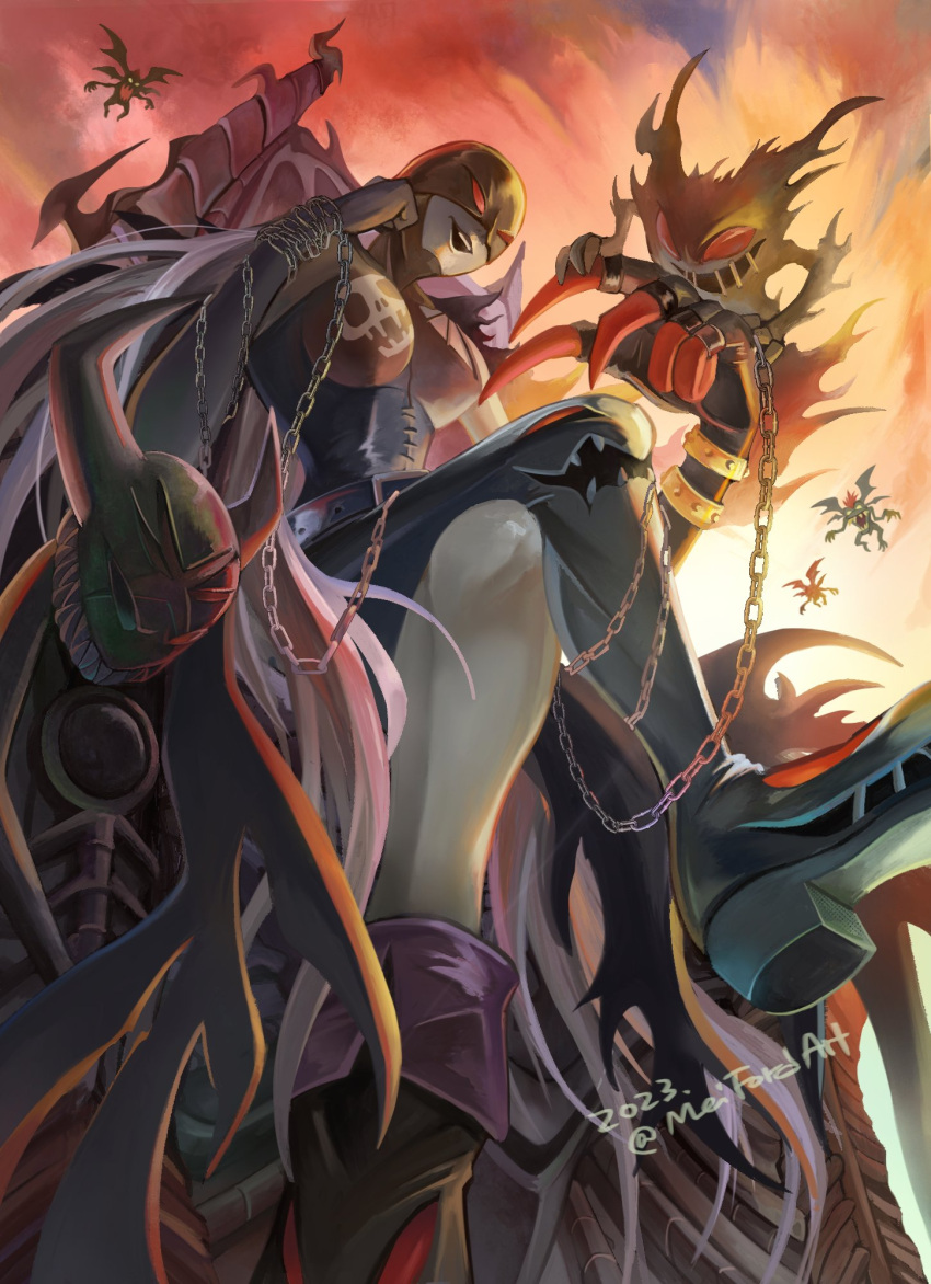 1girl artist_name black_bodysuit black_footwear bodysuit breasts chain claws colored_skin crossed_legs dated demon demon_girl digimon from_below grey_hair grey_skin highres ladydevimon large_breasts long_hair looking_at_viewer mask mei_ford open_mouth red_eyes shoes sitting skull solo sunset watermark