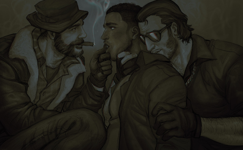 3boys absurdres arm_hair bara beard call_of_duty call_of_duty:_modern_warfare_2 captain_price chain_necklace cigar collared_shirt dark-skinned_male dark_skin facial_hair finger_to_another's_mouth gaz_(call_of_duty_4) gloves hat highres jacket jewelry male_focus monochrome multiple_boys muscular muscular_male necklace netcrow98 nikolai_(modern_warfare) open_clothes open_jacket pants shirt short_hair sideburns sunglasses yaoi