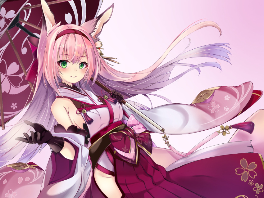 1girl animal_ear_fluff animal_ears azur_lane bare_shoulders black_gloves breasts closed_mouth cowboy_shot detached_sleeves dutch_angle floating_hair floral_print flower fox_ears fox_girl gloves gold_trim gradient_background green_eyes hair_between_eyes hair_flower hair_ornament hairband hakama hakama_skirt hanazuki_(azur_lane) highres hip_vent holding holding_umbrella japanese_clothes kimono long_hair long_sleeves looking_at_viewer medium_breasts no_panties oil-paper_umbrella pink_background pink_hair pink_kimono pink_umbrella print_umbrella red_hairband sash side_slit sideboob simple_background skirt sleeveless sleeveless_kimono smile solo umbrella very_long_hair wide_sleeves yukino_siduku