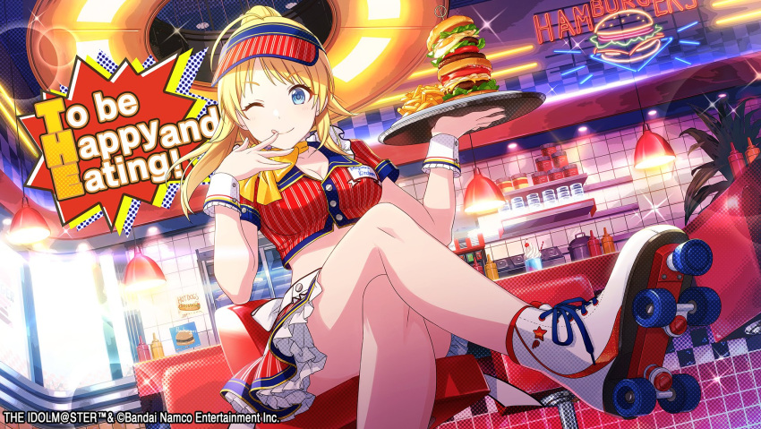 1girl ;q ahoge bar_stool bare_legs blonde_hair blue_eyes breasts burger buttons cleavage collared_shirt commentary_request crop_top crossed_legs day diner drop_shadow english_text food foreshortening french_fries frilled_skirt frills game_cg hachimiya_meguru hair_flaps halftone hand_to_own_mouth hanging_light highres holding holding_tray idolmaster idolmaster_shiny_colors indoors large_breasts legs light_rays long_hair looking_at_viewer midriff neck_ribbon official_art one_eye_closed oversized_food oversized_object pinstripe_pattern ponytail red_headwear red_shirt red_skirt ribbon roller_skates shelf shirt short_sleeves sitting skates skirt smile solo sparkle star_(symbol) stool striped tile_wall tiles tongue tongue_out tray visor_cap waist_ribbon waitress white_ribbon white_wrist_cuffs wrist_cuffs yellow_ribbon