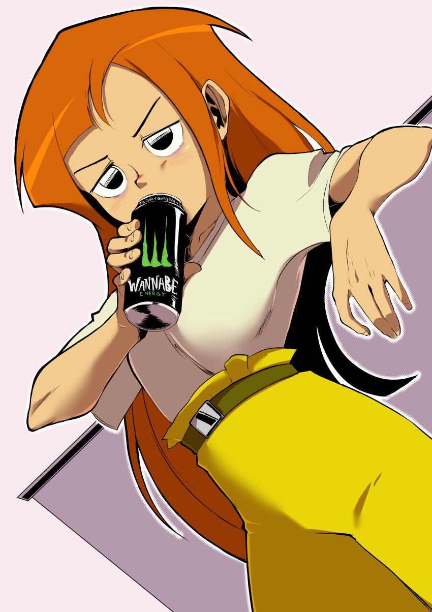 1girl absurdres black_eyes breasts chromodomo drinking dutch_angle energy_drink high-waist_pants highres long_hair monster_energy orange_hair pants reggie_abbott small_breasts solo twelve_forever very_long_hair yellow_pants