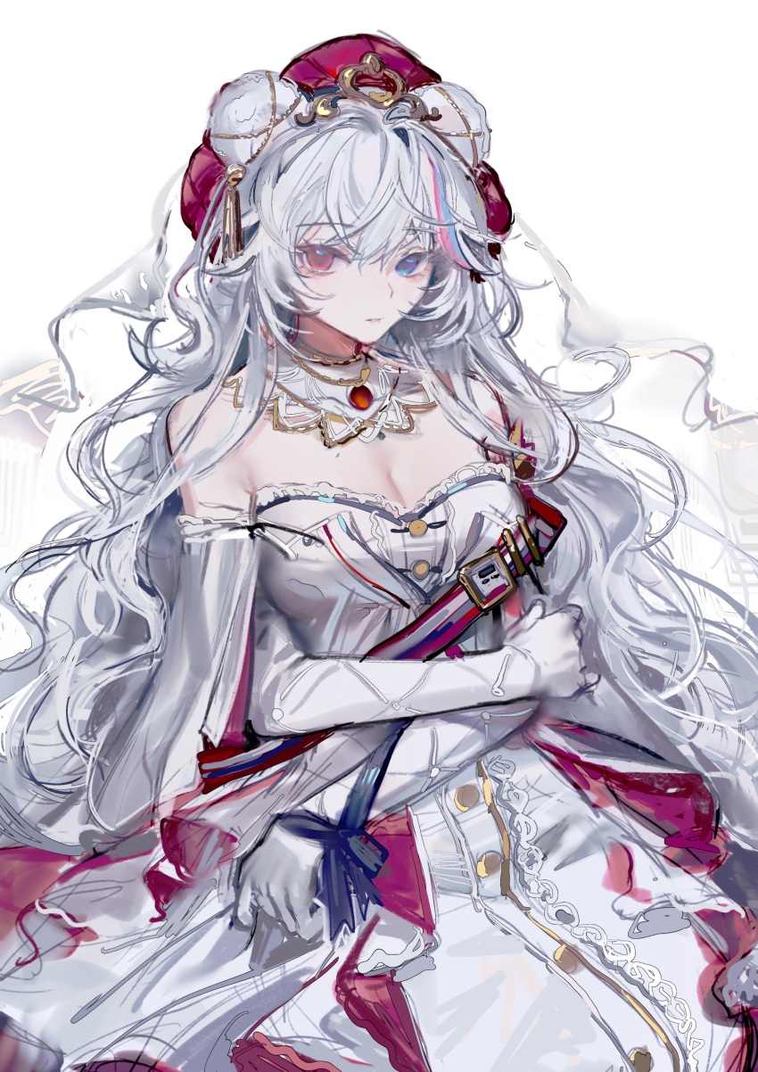 1girl absurdres animal_ears arknights bear_ears bear_girl blue_eyes breasts cleavage cowboy_shot crossed_arms dress ear_ornament elbow_gloves gloves hat heterochromia highres liangban_xiexu long_hair looking_at_viewer medium_breasts multicolored_hair off-shoulder_dress off_shoulder official_alternate_costume pink_hair red_eyes red_hair red_headwear rosa_(arknights) rosa_(masterpiece)_(arknights) simple_background solo streaked_hair very_long_hair white_background white_dress white_gloves white_hair