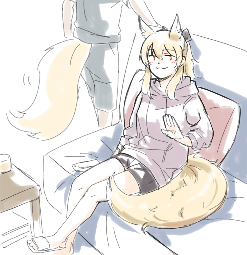 1girl :3 absurdres animal_ear_fluff animal_ears arknights black_bow black_shorts blemishine_(arknights) blonde_hair bow brown_hoodie couch hair_between_eyes hair_bow highres hood hoodie horse_ears horse_girl horse_tail legs long_hair long_sleeves looking_at_viewer on_couch orange_eyes patting ponytail seung-aeja shorts sitting sketch smile smug solo_focus tail