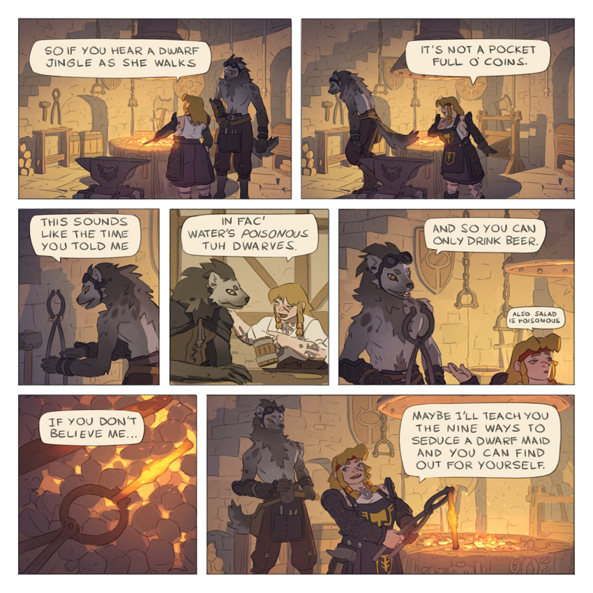 1:1 anthro beverage blacksmith_dwarf_(saintmonstre) blacksmith_gnoll_(saintmonstre) blacksmithing clothing comic duo dwarf english_text female fire gnoll hi_res humanoid hyena inside male mammal saintmonstre text