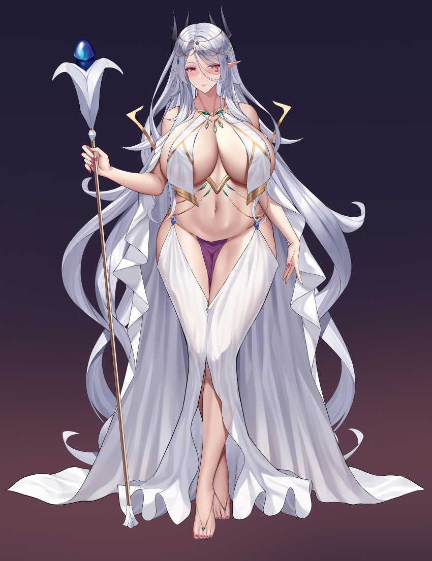 1girl barefoot blue_gemstone breast_curtains breasts elf feng_mouren full_body gem gem_hair_ornament gradient_background grey_hair highres holding holding_staff horns huge_breasts long_hair navel nipples original pelvic_curtain phallic_symbol pink_nails pointy_ears pussy red_eyes revealing_clothes simple_background solo staff standing thick_thighs thighs very_long_hair white_hair wide_hips