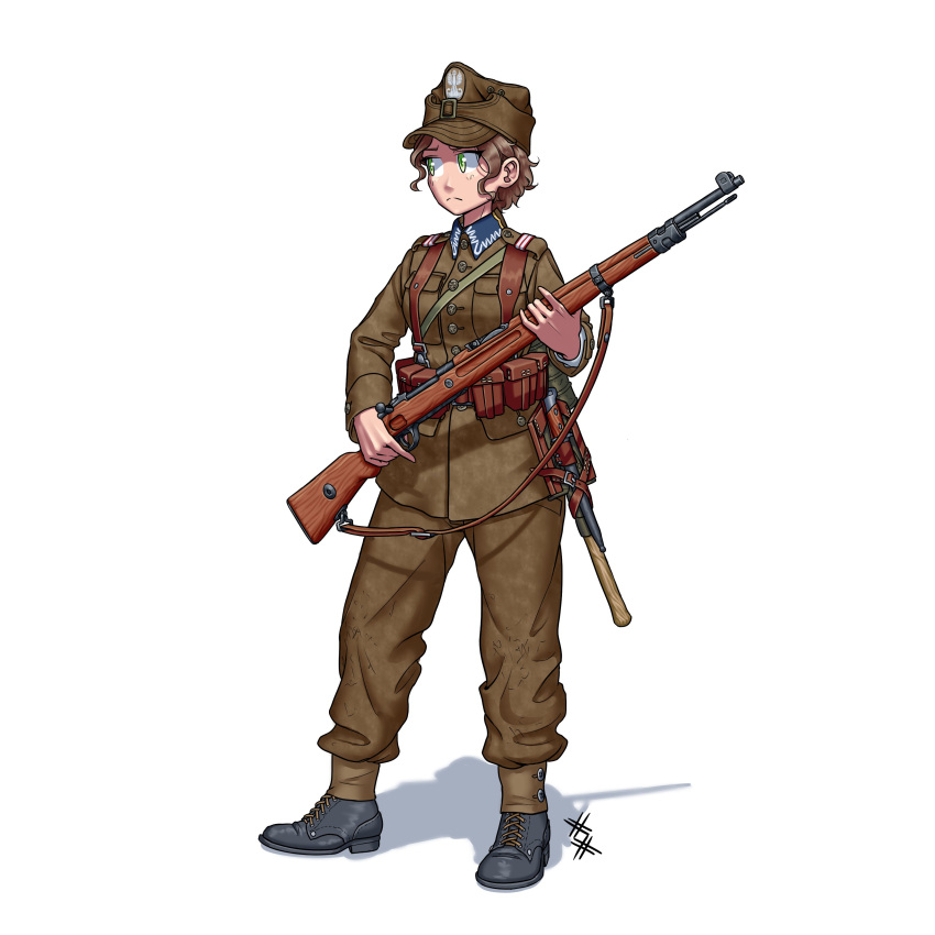 1girl absurdres ammunition_pouch belt brown_hair collar_tabs entrenching_tool full_body gun gun_sling hat highres holding holding_gun holding_weapon long_sleeves military military_hat military_uniform original ostwindprojekt pants pocket poland polish_army pouch rifle short_hair simple_background solo uniform weapon white_background world_war_ii