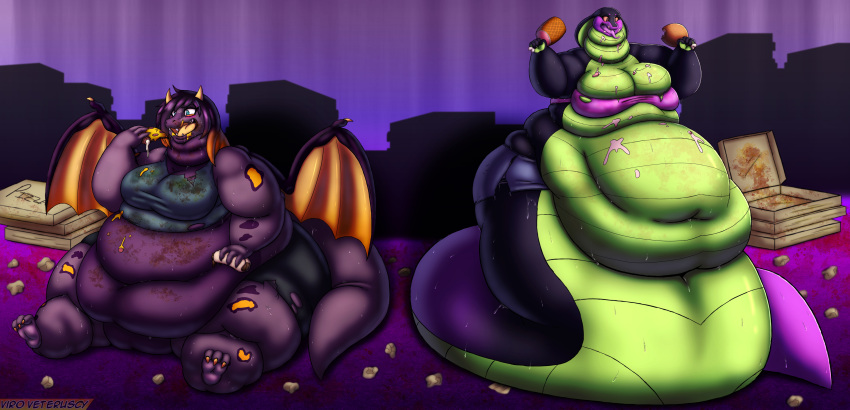 2023 absurd_res anthro apode belly belly_scales big_belly big_breasts bodily_fluids bottomwear breasts burrito clothing cobra deep_navel draconcopode dragon duo eating female food hi_res legless messy morbidly_obese morbidly_obese_anthro morbidly_obese_female naga navel non-mammal_breasts obese obese_anthro obese_female open_mouth overweight overweight_anthro overweight_female pizza pizza_box reptile scales scalie serpentine snake sweat topwear torn_bottomwear torn_clothing torn_topwear viroveteruscy wings