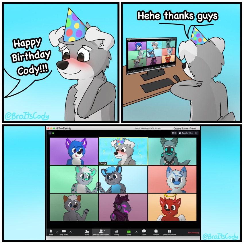 1:1 2021 4_panel_comic anthro black_nose blep blue_body blue_ears blue_fur blue_hair blue_nose blue_tail blush border broitscody brown_eyes canid canine canis chest_tuft cody_(broitscody) collar computer dialogue dipstick_ears domestic_dog english_text felid floppy_ears fur grey_body grey_ears grey_fur grey_hair grey_tail hair hi_res husky logan_(broitslogan) machine male mammal monotone_ears monotone_hair multicolored_body multicolored_ears multicolored_fur multiple_images nordic_sled_dog pantherine protogen purple_body purple_ears purple_fur red_body red_fur snow_leopard solo speech_bubble spitz tail text tongue tongue_out tuft two_tone_body two_tone_ears two_tone_fur two_tone_tail watermark white_body white_border white_ears white_fur white_tail wings wolf