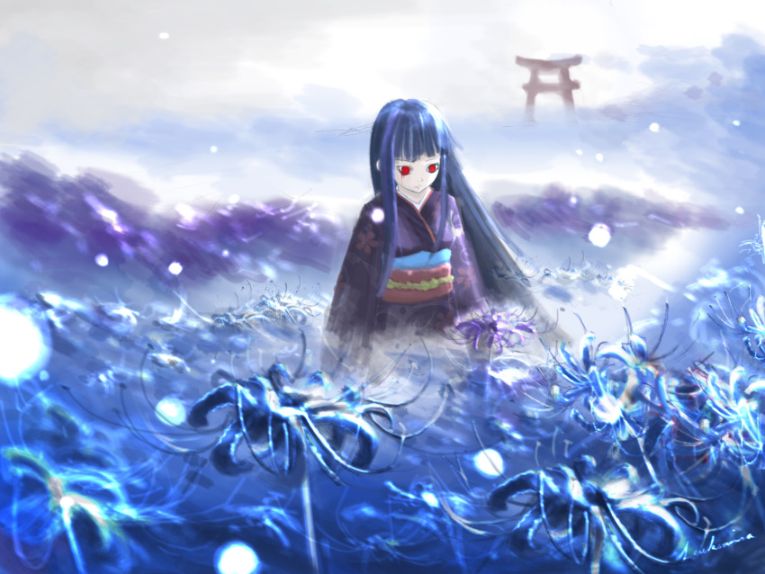 1girl black_hair blue_flower blue_spider_lily closed_mouth cloud commentary_request enma_ai floral_print floral_print_kimono flower highres hime_cut japanese_clothes jigoku_shoujo kimono leukeamia long_hair long_sleeves looking_down obi red_eyes sash sidelocks solo spider_lily torii very_long_hair