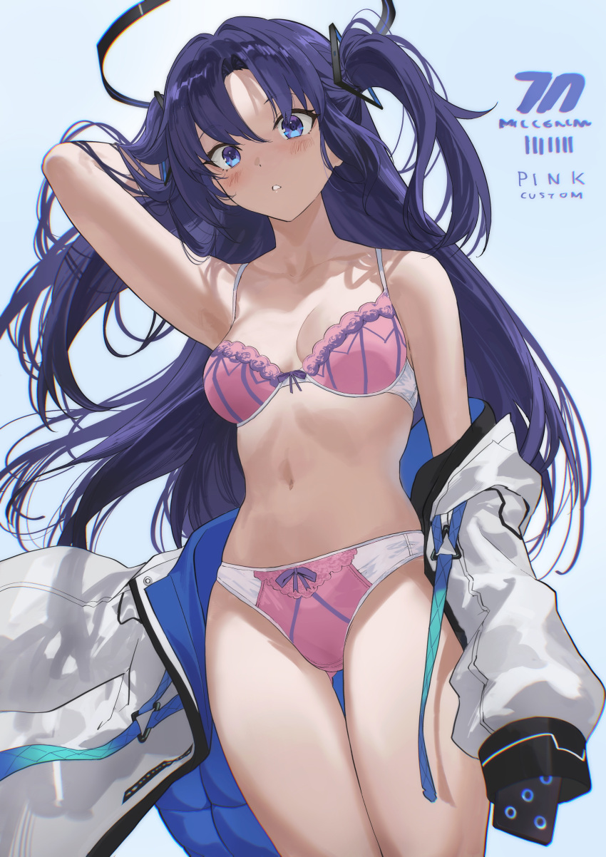 1girl absurdres armpits ass_visible_through_thighs blue_archive blush bra breasts halo highres jacket lace-trimmed_bra lace-trimmed_panties lace_trim long_hair long_sleeves looking_at_viewer medium_breasts navel open_clothes panties parted_bangs purple_eyes purple_hair salmon88 shirt solo thigh_gap thighs two_side_up underwear yuuka_(blue_archive)