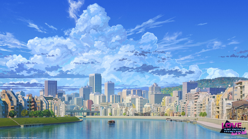 arsenixc blue_sky boat building city cityscape cloud copyright copyright_name day grass highres hill love_money_rock'n'roll no_humans outdoors river scenery sky tree water watercraft