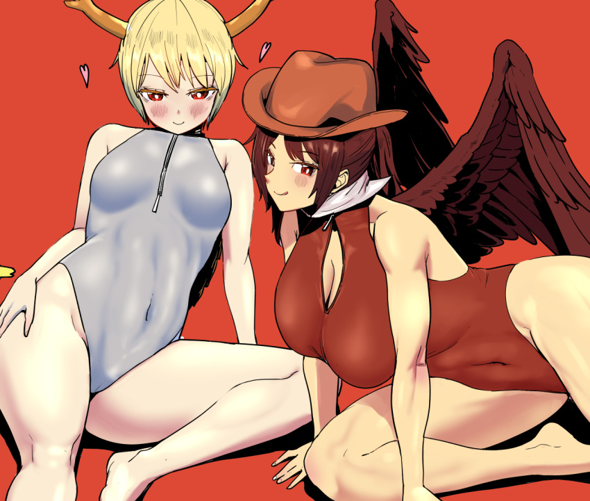 2girls antlers bandana blonde_hair blush cowboy_hat dragon_girl dragon_horns hat horns kicchou_yachie kurokoma_saki long_hair looking_at_viewer multiple_girls nekobatake pegasus_wings red_eyes short_hair touhou turtle_shell white_bandana yellow_horns