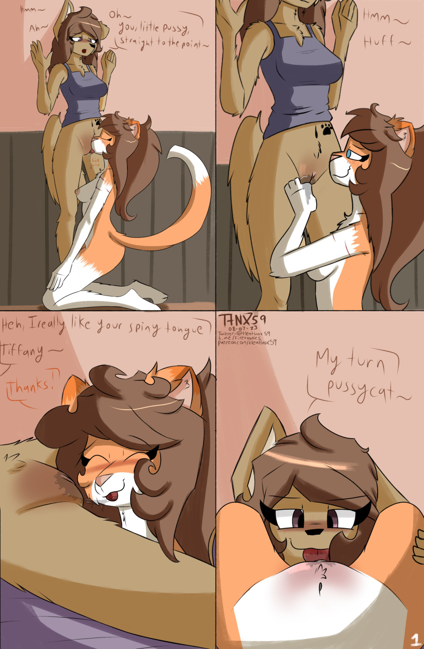 4_panel_comic absurd_res anthro areola aroused aroused_smile belly_tattoo black_nose blue_eyes blush bodily_fluids body_blush bottomless breasts brown_body brown_hair canid canine canis chest_tuft clitoral_hood clitoris clothed clothing comic comic_panel corgee_(tleatlnox59) crouching cunnilingus detailed_background domestic_cat domestic_dog duo eyes_closed felid feline felis female female/female fingering fingers first_person_view fluffy fluffy_tail front_view fur fur_markings genital_fluids genitals hair hi_res kneeling kneeling_oral_position long_hair long_tail looking_at_another looking_at_genitalia mammal markings masturbation multicolored_body navel navel_piercing nipples nude one_ear_up open_mouth oral orange_body paws piercing pink_nipples pink_nose pubes purple_eyes pussy pussy_blush pussy_juice raised_arm scar sex side_view sitting smile smiling_at_partner speech_bubble standing tail tattoo text tiffany_(tleatlnox59) tleatlnox59 tongue tongue_out tuft two_tone_body vaginal