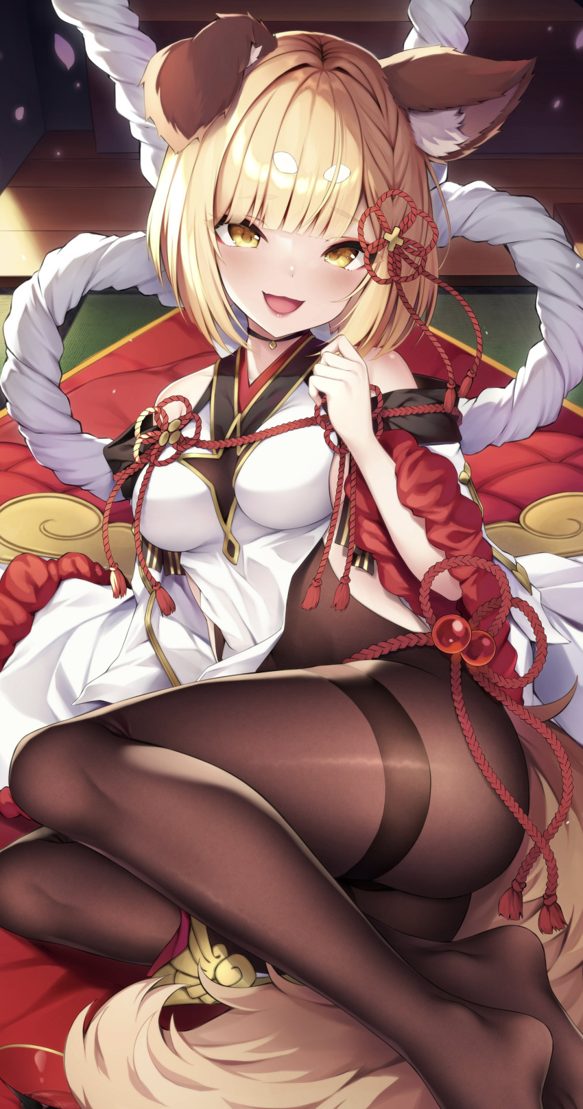 1girl absurdres animal_ears bare_shoulders black_choker blonde_hair braid breasts choker detached_sleeves dog_ears dog_girl dog_tail granblue_fantasy hair_ornament hakama highres hyouta_(yoneya) japanese_clothes large_breasts looking_at_viewer no_panties nontraditional_miko open_mouth pantyhose ribbon-trimmed_sleeves ribbon_trim rope shimenawa smile solo tail thighs vajra_(granblue_fantasy) wide_sleeves yellow_eyes
