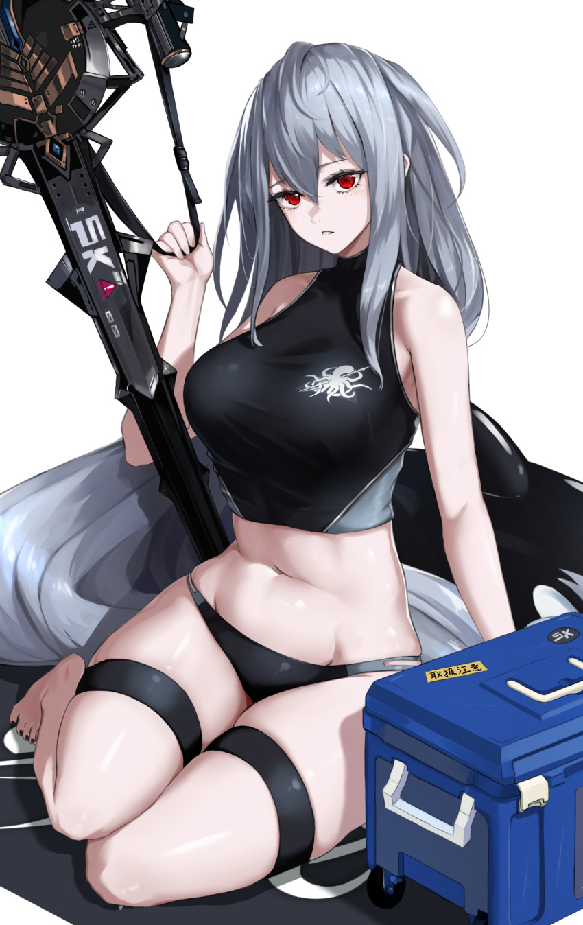 1girl abyssal_hunters_logo alternate_costume arknights bare_arms bare_legs bare_shoulders barefoot bikini black_bikini breasts chaciooh commentary_request cooler crop_top grey_hair hair_between_eyes hand_up highres large_breasts long_hair looking_at_viewer midriff navel no_headwear parted_lips red_eyes revision sidelocks signature simple_background sitting skadi_(arknights) solo stomach swimsuit sword thigh_strap thighs very_long_hair weapon white_background yokozuwari