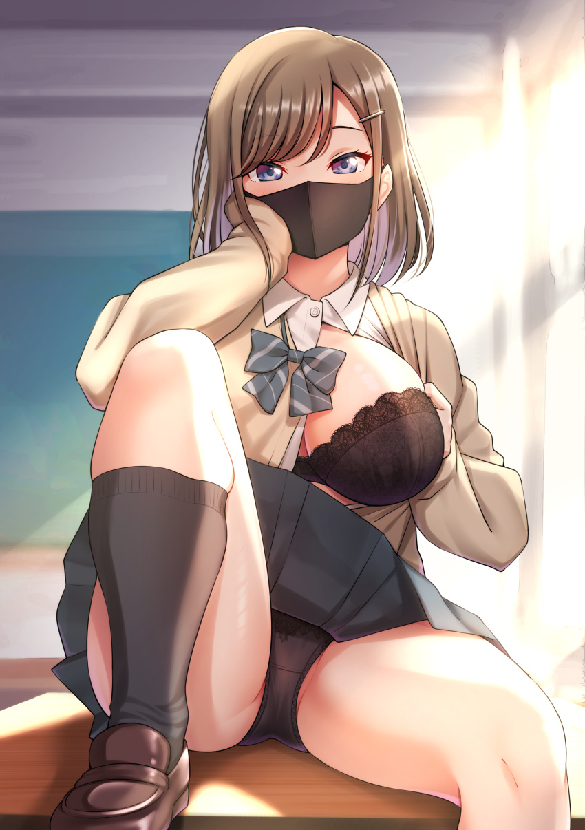 1girl absurdres black_bra black_panties black_socks blue_eyes bra breasts brown_hair desk hair_ornament hairpin hand_on_own_cheek hand_on_own_face highres looking_at_viewer mask mibushiro mouth_mask on_desk one_breast_out original panties pleated_skirt pubic_hair school_uniform short_hair sitting sitting_on_desk skirt socks solo spread_legs underwear upskirt