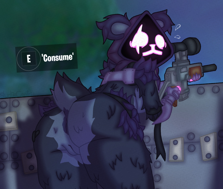 anthro anus bear bolt_(fastener) bottomless breasts butt caught caught_off_guard claws clothed clothing digital_media_(artwork) epic_games eye_scar facial_scar female fortnite fur genitals glowing glowing_eyes gun hi_res hood looking_at_viewer mammal multicolored_body multicolored_fur nude plant purple_body purple_ears purple_fur pussy ranged_weapon raven_team_leader rear_view rifle scar sharp_claws side_boob sludgecentric sniper_rifle solo sweatdrop_(iconography) tail text thick_thighs tree wall_(structure) weapon