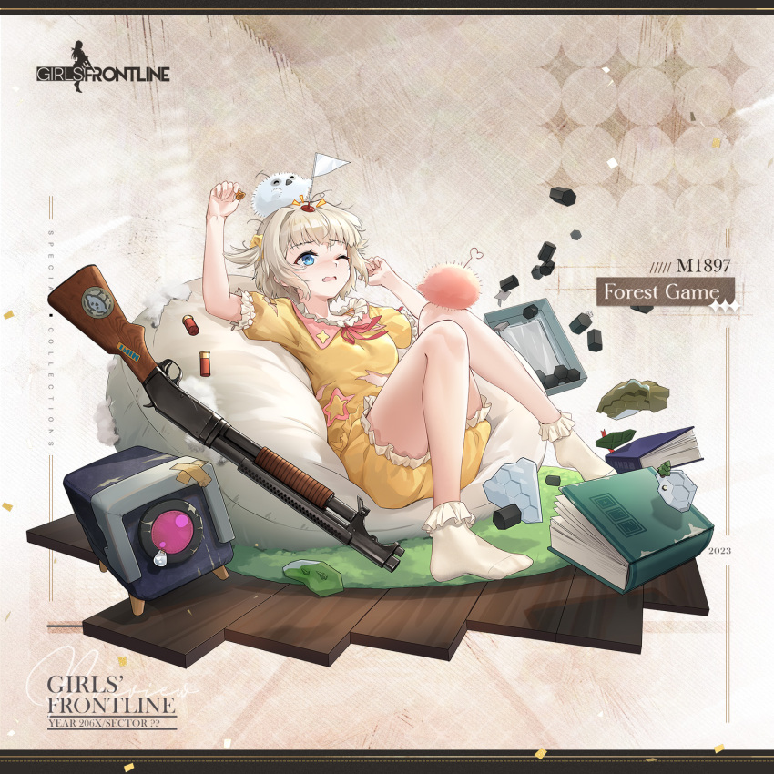 1girl 2023 ankle_socks arm_up bare_arms bare_legs bean_bag_chair bird blonde_hair blue_eyes board_game book box character_name chilunchilun commentary copyright_name damaged english_commentary feet flag full_body girls'_frontline gun hair_ornament hair_scrunchie hand_up highres holding lying m1897_(forest_game)_(girls'_frontline) m1897_(girls'_frontline) messy notice_lines official_alternate_costume official_art on_back one_eye_closed open_box open_mouth pajamas pink_bird pump_action rug scrunchie second-party_source short_hair short_sleeves shotgun shotgun_shell simple_background socks solo star_(symbol) sticker tape teardrop torn_clothes unkempt weapon white_background white_bird white_flag white_socks winchester_model_1897 wooden_floor yellow_pajamas yellow_scrunchie
