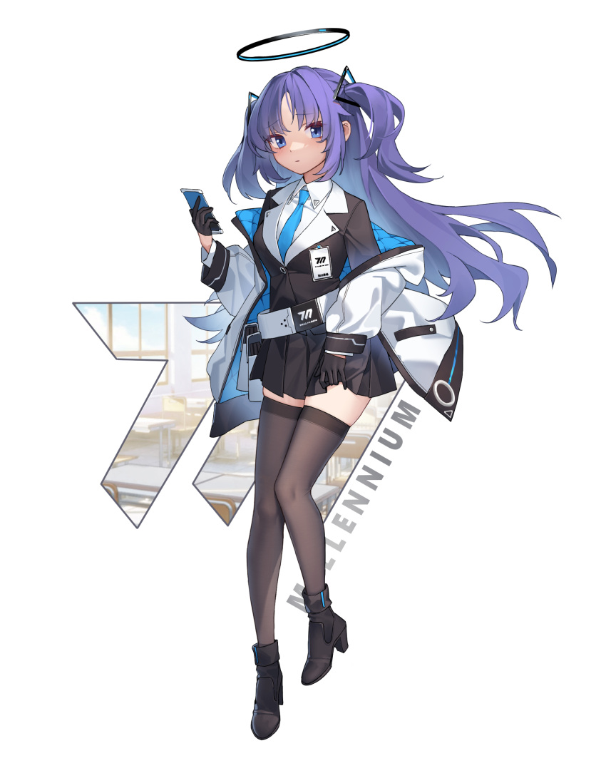 1girl absurdres arnold-s belt black_gloves black_thighhighs blue_archive blue_eyes blue_necktie blush full_body gloves halo highres holding holding_clothes holding_phone holding_skirt id_card jacket long_hair looking_at_viewer mechanical_halo millennium_science_school_logo necktie phone purple_eyes shirt skindentation skirt solo thighhighs thighs twintails white_shirt yuuka_(blue_archive)