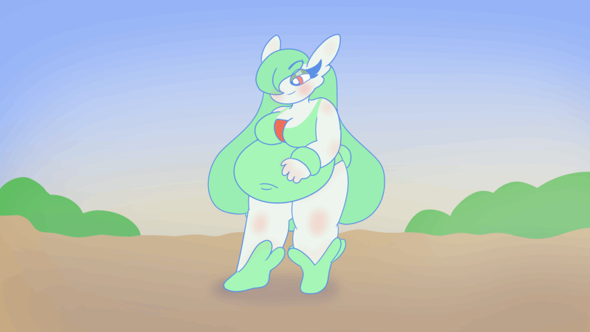 abdominal_bulge animated belly body boobsgames breasts eyes female fusion gardevoir generation_3_pokemon green_body green_hair hair hi_res lying navel navel_piercing nintendo on_front piercing pokemon pokemon_(species) pokemon_fusion red_eyes solo startlin weight_gain weights white_body