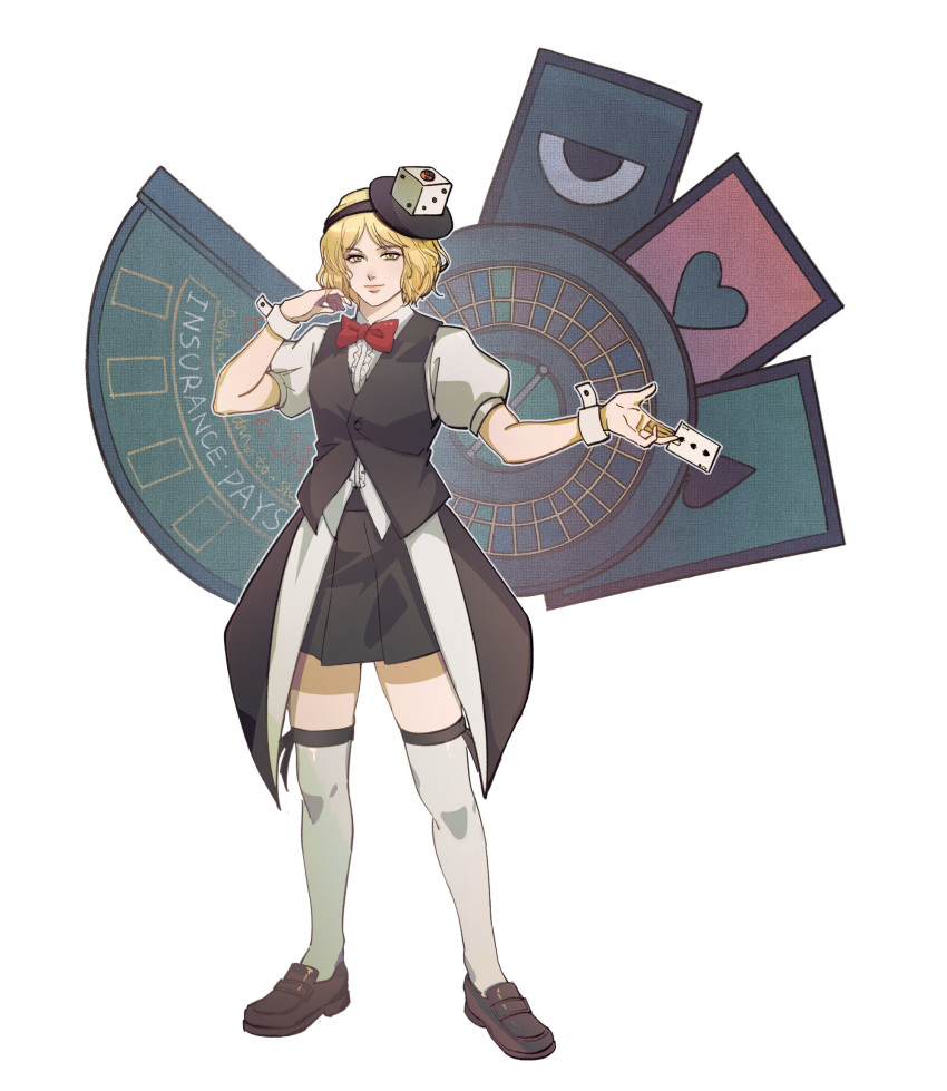 1other androgynous between_fingers black_hairband black_ribbon black_skirt black_trim black_vest blonde_hair bow bowtie brown_footwear card casino_card_table center_frills chin chinese_commentary closed_mouth commentary_request dice_hair_ornament eye_of_senri frills full_body hair_ornament hairband hand_in_own_hair heart highres holding holding_card leg_ribbon len'en looking_at_viewer miniskirt playing_card pleated_skirt puffy_short_sleeves puffy_sleeves red_bow red_bowtie ribbon sdz_(inazuma) shirt shoes short_hair short_sleeves skirt smile spade_(shape) table thigh_ribbon thighhighs v-neck vest white_background white_shirt white_thighhighs white_wrist_cuffs xeno_a yellow_eyes