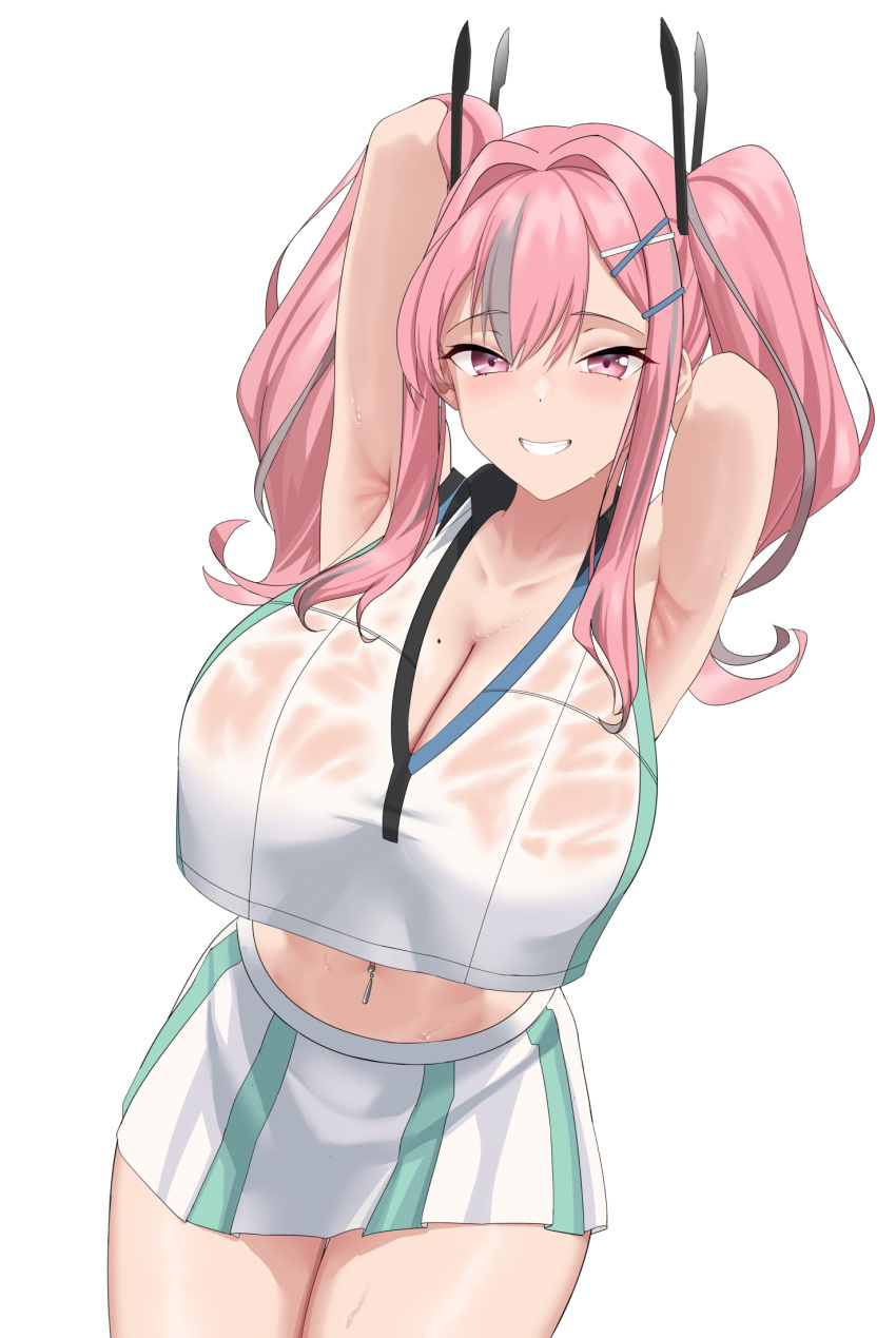 1girl armpits arms_up azur_lane breasts bremerton_(azur_lane) bremerton_(scorching-hot_training)_(azur_lane) cleavage collarbone crop_top green_shirt green_skirt grey_hair grin hair_between_eyes hair_intakes hair_ornament highres huge_breasts looking_at_viewer midriff mole mole_on_breast multicolored_hair multicolored_shirt navel navel_piercing necropoi piercing pink_eyes pink_hair shirt simple_background skirt smile solo stained_clothes stomach streaked_hair sweat teeth thighs twintails two-tone_hair two-tone_skirt white_background white_shirt white_skirt