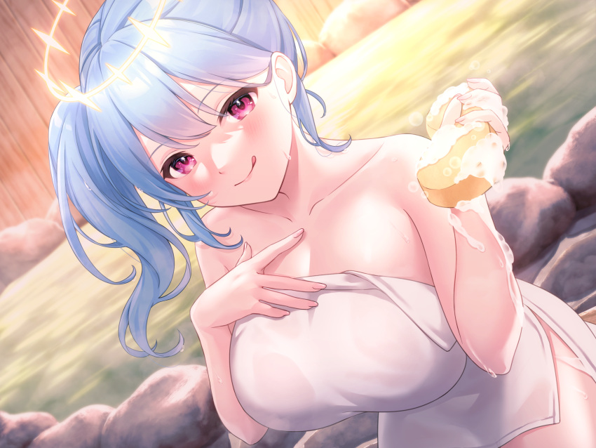1girl :d :p blue_hair blush breasts cleavage closed_mouth collarbone dutch_angle fence hair_between_eyes halo highres hio_(hiohio0306) holding holding_sponge large_breasts licking_lips looking_at_viewer naked_towel non-web_source nude onsen original purple_eyes rock side_ponytail sitting smile soap_bubbles solo sponge tongue tongue_out towel water wet wooden_fence