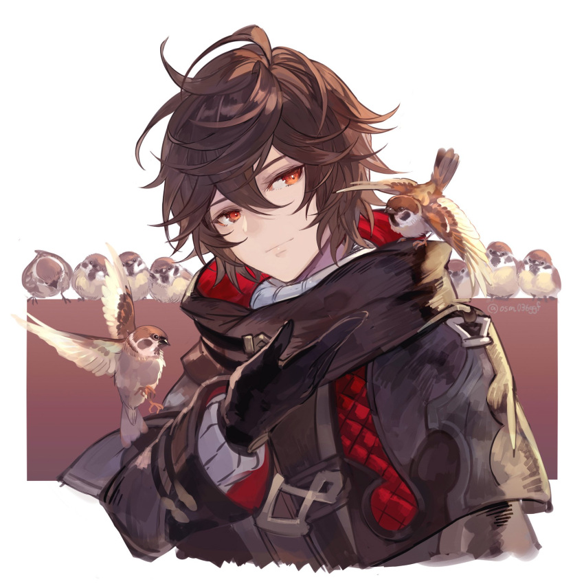 1boy animal_on_shoulder bird black_gloves border brown_cloak brown_hair cloak commentary cropped_torso gloves granblue_fantasy head_tilt highres hood hooded_cloak looking_at_viewer male_focus messy_hair orange_eyes osamu_(jagabata) red_background sandalphon_(granblue_fantasy) signature simple_background smile solo sparrow upper_body white_background