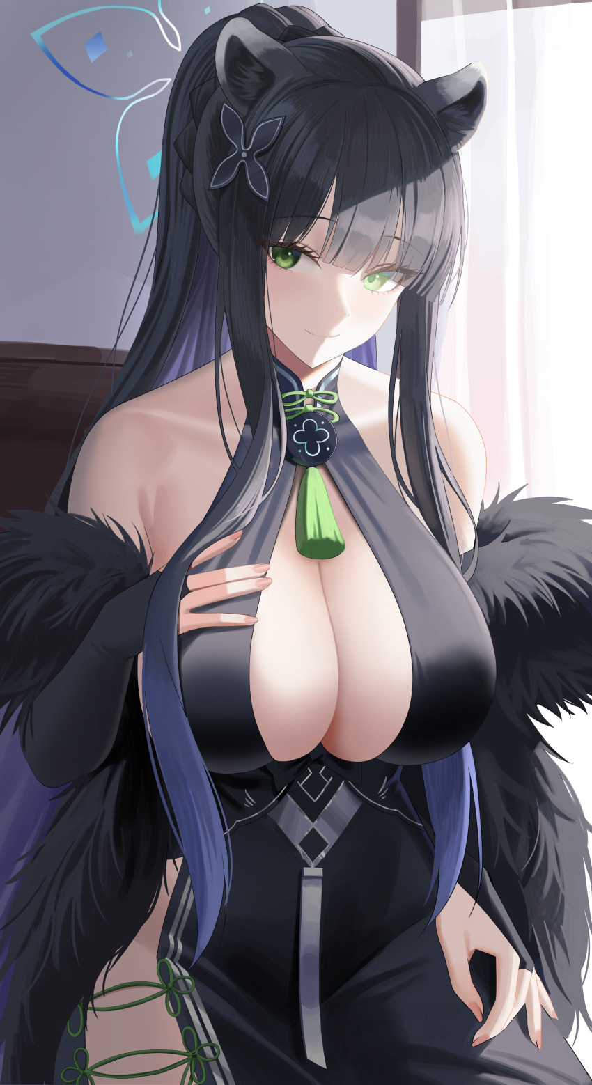 1girl absurdres animal_ear_fluff animal_ears bare_shoulders black_dress black_hair blue_archive breasts bridal_gauntlets china_dress chinese_clothes cleavage detached_sleeves dress feather_boa green_eyes hair_ornament halo high_ponytail highres large_breasts leavv long_hair looking_at_viewer shun_(blue_archive) side_slit sidelocks smile solo tassel tiger_ears