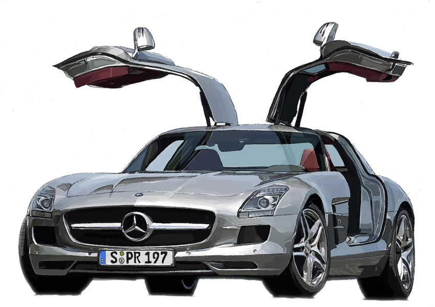 car gullwing_doors license_plate m.m_(chosuke320) mercedes-benz mercedes-benz_sls_amg motor_vehicle no_humans original simple_background sports_car vehicle_focus white_background