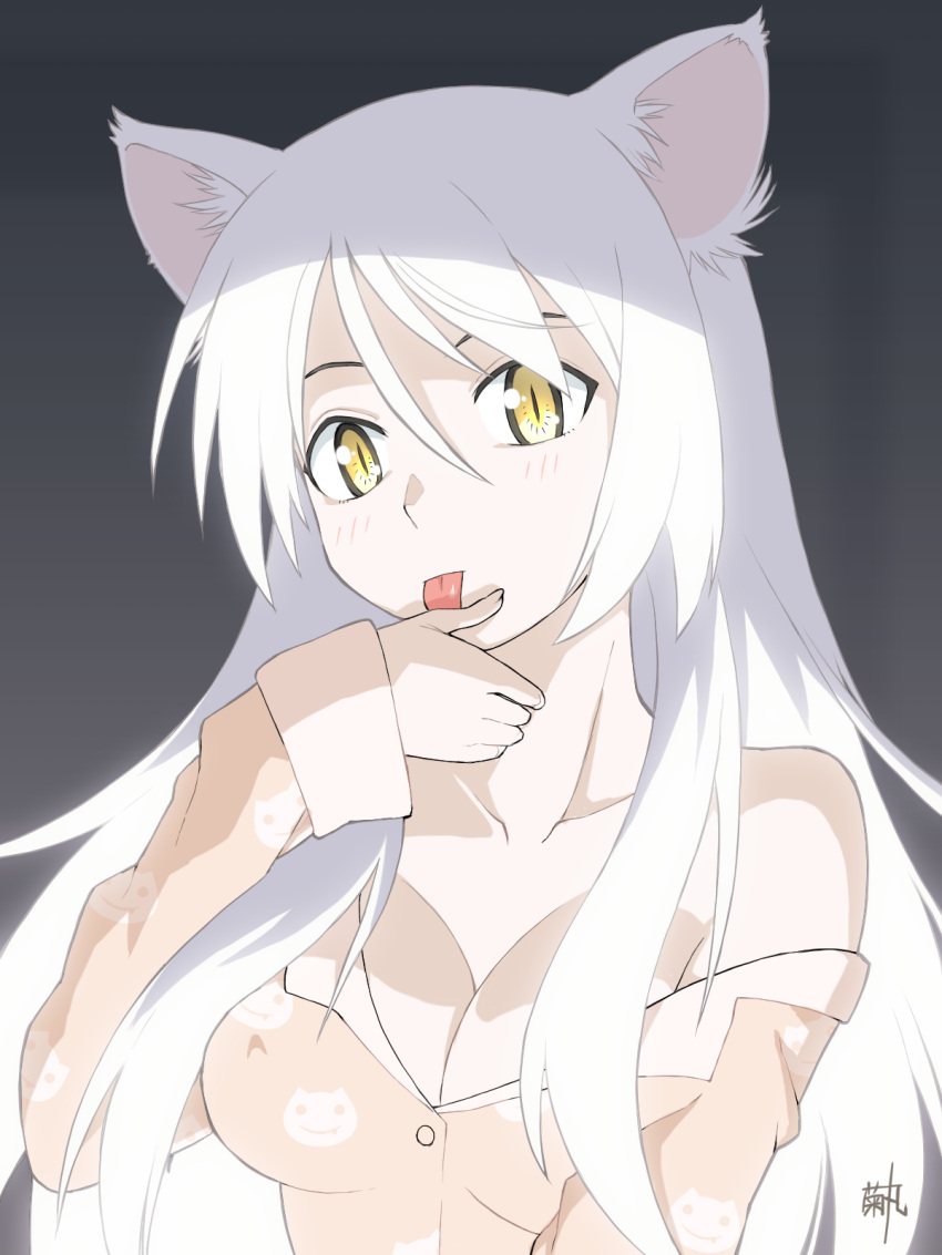 1girl animal_ears arm_at_side artist_name black_hanekawa blush breasts cat_ears cat_girl cat_symbol cleavage close-up collarbone commentary covered_nipples gradient_background grey_background hair_between_eyes hand_to_own_face hanekawa_tsubasa highres kikumaru_bunta large_breasts licking licking_finger licking_self long_hair looking_at_viewer monogatari_(series) off_shoulder orange_pajamas pajamas partially_unbuttoned portrait signature single_bare_shoulder slit_pupils solo tongue tongue_out translated upper_body very_long_hair white_hair yellow_eyes