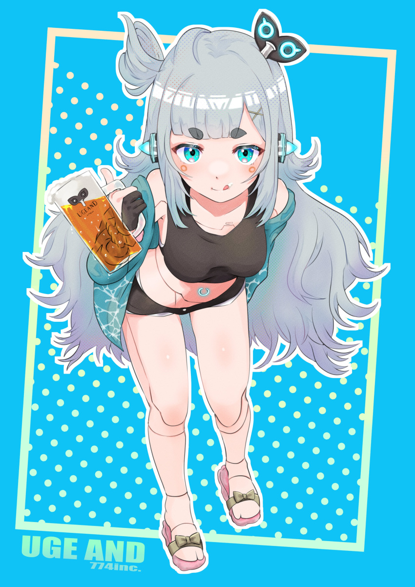 1girl :q absurdres alcohol and_uge android beer beer_mug black_shorts blue_background blue_eyes blue_shirt blunt_bangs blush breasts character_name closed_mouth commentary_request copyright_name cup full_body grey_hair hairpods heibon_banana highres joints leaning_forward long_hair looking_at_viewer medium_bangs medium_breasts midriff mug nanashi_inc. off_shoulder one_side_up open_clothes open_shirt outline pink_footwear robot_joints sandals shirt shorts smile solo thick_eyebrows tongue tongue_out virtual_youtuber white_outline winding_key