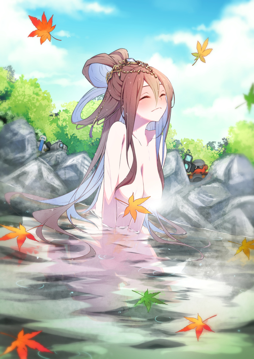 1girl 2others breasts brown_hair bush character_request cleavage closed_eyes completely_nude convenient_censoring duel_monster highres large_breasts leaf long_hair maple_leaf maple_maiden mosu_(korikan) multiple_others navel nude onsen outdoors partially_submerged rock solo_focus very_long_hair voyeurism water yu-gi-oh!