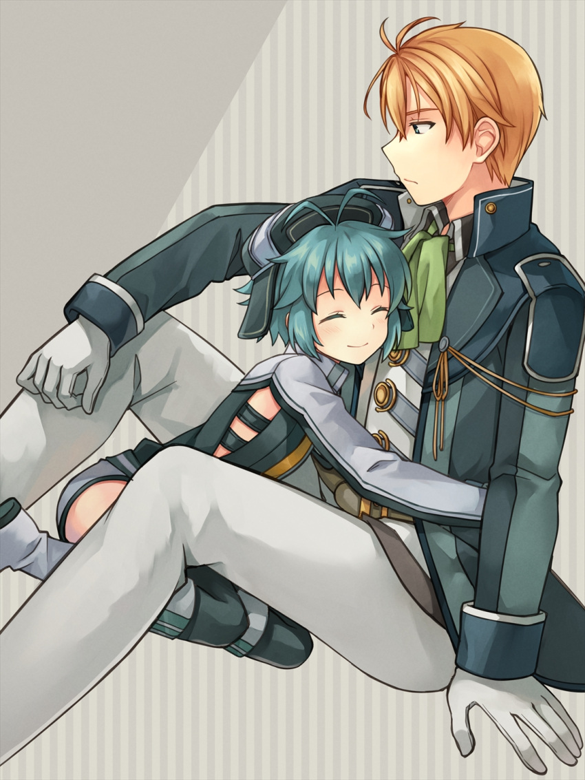 1boy 1girl ^_^ antenna_hair blonde_hair blue_hair blush chihiro_(chihiro3399) closed_eyes closed_mouth commentary eiyuu_densetsu feet_out_of_frame from_side gloves green_jacket grey_background hair_between_eyes highres hug jacket jusis_albarea knees_up long_sleeves millium_orion open_clothes open_jacket profile sen_no_kiseki sen_no_kiseki_iii short_hair simple_background sitting smile spiked_hair wariza white_gloves
